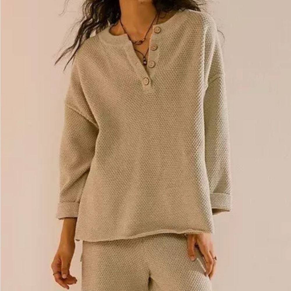 Free People Beach Hailee Waffle Knit Henley Sweater Beige Womens Size XS